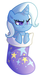 Size: 903x1658 | Tagged: safe, artist:drawntildawn, imported from derpibooru, trixie, pony, unicorn, :t, christmas stocking, cute, diatrixes, female, frown, glare, grumpy, mare, simple background, solo, transparent background, unamused