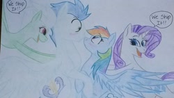 Size: 1024x576 | Tagged: safe, artist:colourstrike, imported from derpibooru, fleetfoot, rainbow dash, rarity, soarin', pony, backwards cutie mark, female, male, shipper on deck, shipping, soarindash, straight, traditional art