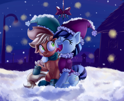 Size: 3649x2994 | Tagged: safe, artist:discorded, imported from derpibooru, applejack, coloratura, earth pony, pony, :t, christmas, clothes, cute, eyes closed, face licking, female, fluffy, freckles, frown, hat, hoof boots, hug, jackabetes, lesbian, licking, mare, mistletoe, open mouth, raised hoof, rara, rarabetes, rarajack, santa hat, scarf, shipping, shocked, sitting, smiling, snow, snowfall, socks, tongue out, wide eyes