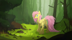 Size: 2500x1376 | Tagged: safe, artist:fuzzyfox11, imported from derpibooru, fluttershy, female, folded wings, forest, looking at you, looking back, nature, scenery, solo