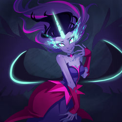 Size: 750x750 | Tagged: safe, artist:murai shinobu, imported from derpibooru, sci-twi, twilight sparkle, equestria girls, friendship games, choker, cleavage, collar, female, fingernails, horn, looking at you, midnight sparkle, multicolored hair, smiling, solo, wings