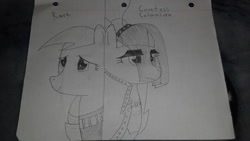 Size: 2560x1440 | Tagged: safe, artist:sniperbat97, imported from derpibooru, coloratura, bad cropping, countess coloratura, duo, grayscale, lined paper, monochrome, pencil drawing, rara, sketch, traditional art