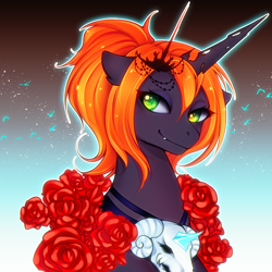 Size: 900x900 | Tagged: safe, artist:slyblue7, imported from derpibooru, oc, oc only, oc:koveliana, changeling, changeling queen, changeling queen oc, female, orange changeling, skull, solo