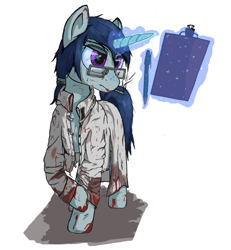 Size: 1165x1261 | Tagged: safe, artist:sv37, imported from derpibooru, oc, oc only, oc:triage, pony, fallout equestria, fallout equestria: project horizons, blood, cigarette, clothes, doctor, glasses, lab coat, magic, smoking, telekinesis