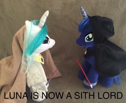 Size: 3010x2448 | Tagged: safe, imported from derpibooru, princess celestia, princess luna, >:), build-a-bear, darth luna, evil grin, irl, jedi, lightsaber, luna is palpatine, pencil, photo, plushie, sillestia, silly, sith, sith lady, sith lord, smiling, star wars, weapon