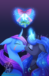 Size: 900x1391 | Tagged: safe, artist:starshinebeast, imported from derpibooru, princess luna, oc, oc:azure night, pony, unicorn, azuna, canon x oc, kissing, male, mistletoe, necklace, shipping, stallion, straight