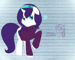 Size: 1280x1024 | Tagged: safe, artist:pockygirl09, artist:skullbow09, imported from derpibooru, rarity, twilight sparkle, oc, oc:nyx, alicorn, fanfic:winter bells, alicorn oc, clothes, cutie mark, disguise, heart, lined paper, not rarity, raised hoof, sweater, text, winter bells