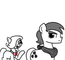 Size: 640x600 | Tagged: safe, artist:ficficponyfic, imported from derpibooru, oc, oc only, oc:emerald jewel, oc:giles pecan, pony, colt quest, colt, explicit source, femboy, frown, male, neckerchief, partial color, stallion, trap