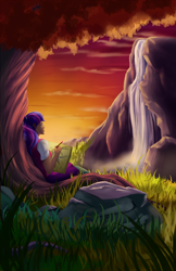 Size: 1650x2550 | Tagged: safe, artist:grennadder, imported from derpibooru, twilight sparkle, human, drawing, female, humanized, pencil, solo, sunset, tree, waterfall