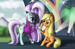 Size: 2560x1680 | Tagged: dead source, safe, artist:dcencia, imported from derpibooru, applejack, coloratura, the mane attraction, countess coloratura, female, hoofsies, lesbian, rarajack, shipping, stamp