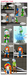 Size: 1344x3539 | Tagged: safe, artist:icesticker, imported from derpibooru, sunset shimmer, trixie, human, comic, elf ears, humanized, master sword, parody, the legend of zelda, the legend of zelda: ocarina of time