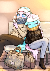 Size: 1378x1946 | Tagged: safe, artist:sigpi, imported from derpibooru, aloe, lotus blossom, anthro, bag, bags, bench, cellphone, clothes, earbuds, jacket, lotus, pants, phone, pixiv, scarf, sharing headphones, sleeping, spa twins, winter