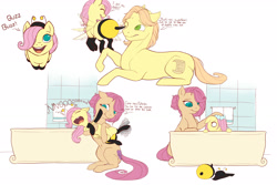 Size: 3000x2000 | Tagged: safe, artist:evehly, imported from derpibooru, fluttershy, bee, earth pony, pony, animal costume, bath, bathtub, bee costume, belly button, clothes, costume, cute, daaaaaaaaaaaw, dialogue, eyes closed, father, father and daughter, female, filly, flutterbee, male, mare, mother, open mouth, parent, sad face, shyabetes, stallion, towel, weapons-grade cute, younger