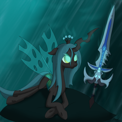 Size: 2000x2000 | Tagged: dead source, safe, artist:soveno, imported from derpibooru, queen chrysalis, changeling, changeling queen, lich, female, frostmourne, lich king, magic, solo, sword, warcraft, weapon