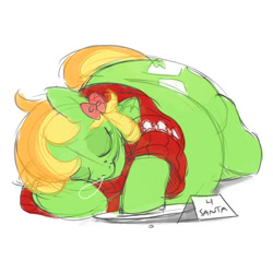 Size: 771x771 | Tagged: safe, artist:mellowhen, imported from derpibooru, oc, oc only, oc:bric-a-brac, pony, christmas, christmas sweater, chubby, clothes, cookie, fat, food, hearth's warming eve, nap, sketch, sleeping, snot bubble, solo, sweater