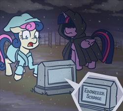 Size: 650x585 | Tagged: safe, artist:atlur, deleted from derpibooru, imported from derpibooru, bon bon, sweetie drops, twilight sparkle, alicorn, pony, a christmas carol, bonafied, bonpun, cloak, clothes, dead, ebenezer scrooge, epitaph, female, grave, gravestone, hilarious in hindsight, mare, open mouth, the ghost of christmas yet to come, tumblr, twilight sparkle (alicorn)