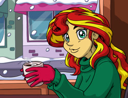 Size: 1650x1275 | Tagged: safe, artist:latecustomer, imported from derpibooru, sunset shimmer, equestria girls, chocolate, cup, female, food, hot chocolate, looking at you, snow, snowfall, solo
