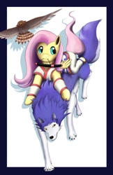 Size: 720x1109 | Tagged: safe, artist:drjhordan, imported from derpibooru, fluttershy, bird, crossover, mamahaha, mouth hold, nakoruru, samurai shodown, samurai spirits, shikuru
