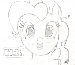 Size: 1477x1281 | Tagged: safe, artist:chronicle23, imported from derpibooru, pinkie pie, dialogue, female, heart, hi, monochrome, smiling, solo, speech bubble