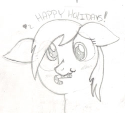 Size: 1139x1027 | Tagged: safe, imported from derpibooru, derpy hooves, blushing, candy, candy cane, female, floppy ears, food, heart, monochrome, mouth hold, scrunchy face, solo, text