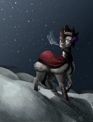 Size: 900x1178 | Tagged: safe, artist:canterlotroyalty, imported from derpibooru, king sombra, head turn, looking at you, male, raised hoof, snow, snowfall, solo, standing, turned head