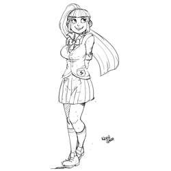 Size: 900x900 | Tagged: safe, artist:kevinsano, imported from derpibooru, sonata dusk, equestria girls, breasts, busty sonata dusk, clothes, female, grayscale, looking up, monochrome, open mouth, school uniform, sketch, solo