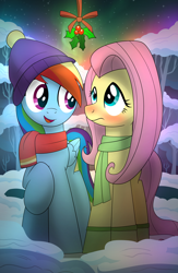 Size: 1000x1533 | Tagged: safe, artist:drawponies, imported from derpibooru, fluttershy, rainbow dash, clothes, female, flutterdash, holly, holly mistaken for mistletoe, lesbian, scarf, shipping