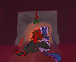 Size: 1000x815 | Tagged: safe, artist:pinkamenadianepi, imported from derpibooru, twilight sparkle, oc, alicorn, pony, alicorn oc, canon x oc, fireplace, mistletoe, shipping, twilight sparkle (alicorn)