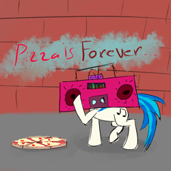 Size: 1000x1000 | Tagged: safe, artist:pinkamenadianepi, imported from derpibooru, dj pon-3, vinyl scratch, boombox, female, food, pizza, solo