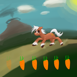 Size: 1000x1000 | Tagged: safe, artist:pinkamenadianepi, imported from derpibooru, earth pony, pony, carrot, death mountain, epona, female, floppy ears, food, frown, galloping, glare, mare, ponified, running, solo, the legend of zelda