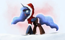 Size: 2000x1250 | Tagged: safe, artist:ncmares, imported from derpibooru, princess luna, alicorn, pony, boots, candy, candy cane, clothes, cold, female, food, mare, mouth hold, santa costume, snow, snowfall, solo, winter