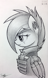 Size: 1885x3050 | Tagged: safe, artist:sheandog, imported from derpibooru, rainbow dash, the cutie re-mark, alternate timeline, apocalypse dash, crystal war timeline, female, injured, monochrome, prosthetic limb, sad, scar, solo, torn ear, traditional art