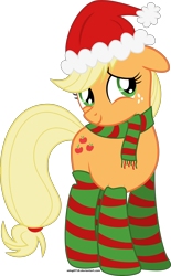 Size: 2561x4118 | Tagged: safe, artist:adog0718, imported from derpibooru, applejack, christmas, clothes, cute, female, hat, jackabetes, santa hat, scarf, simple background, socks, solo, striped socks, transparent background, vector