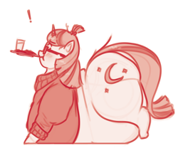 Size: 1280x1102 | Tagged: safe, artist:secretgoombaman12345, imported from derpibooru, moondancer, pony, unicorn, belly, belly bed, blushing, cafeteria tray, fat, female, impossibly large belly, mare, moonblubber, morbidly obese, mouth hold, near immobile, obese, sketch