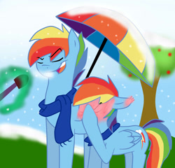 Size: 2173x2083 | Tagged: safe, artist:chub-wub, imported from derpibooru, rainbow dash, blushing, clothes, dashblitz, ear blush, embarrassed, female, magic, male, rainbow blitz, rule 63, scarf, self ponidox, selfcest, shipping, snow, snowfall, special feeling, straight, umbrella