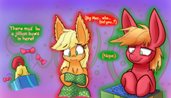 Size: 1280x731 | Tagged: safe, artist:heir-of-rick, imported from derpibooru, part of a set, apple bloom, applejack, big macintosh, earth pony, pony, daily apple pony, :i, :t, bow, box, chest fluff, crying, dialogue, ear fluff, face down ass up, female, filly, fluffy, glow, glowing, happy, impossibly large ears, lidded eyes, male, mare, present, purple background, shoulder fluff, simple background, smiling, stallion, wavy mouth