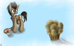 Size: 1280x800 | Tagged: safe, artist:asiul-shira, imported from derpibooru, doctor whooves, time turner, pony, backwards cutie mark, christmas, clothes, feather, food, fourth doctor's scarf, implied derpy, male, muffin, present, scarf, signature, snow, solo, stallion, striped scarf, tom baker's scarf