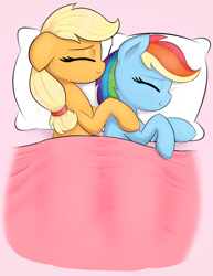 Size: 572x740 | Tagged: safe, artist:augustbebel, imported from derpibooru, applejack, rainbow dash, pony, appledash, blanket, cropped, cuddling, cute, explicit source, eyes closed, female, lesbian, mare, pillow, shipping, sleeping, smiling, spooning