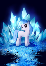 Size: 1280x1808 | Tagged: safe, artist:fantazyme, imported from derpibooru, oc, oc only, butterfly, blank flank, crystal, ice, looking at you, smiling, solo