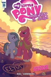 Size: 1024x1554 | Tagged: safe, artist:tonyfleecs, idw, imported from derpibooru, big macintosh, marble pie, earth pony, pony, spoiler:comic, spoiler:comic39, beach, bedroom eyes, comic, eeyup, eye contact, heart, male, marblemac, ocean, raised hoof, shipping, smiling, stallion, straight, sunset, walking