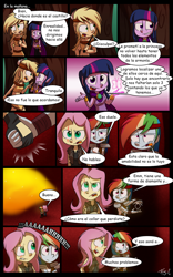 Size: 800x1280 | Tagged: safe, artist:fj-c, imported from derpibooru, applejack, fluttershy, rainbow dash, twilight sparkle, fairy, equestria girls, belly button, clothes, comic, dialogue, fantasy equestria, midriff, skirt, spanish, translated in the description