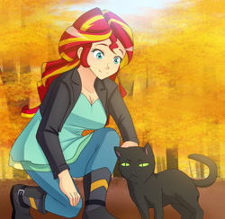 Size: 1280x1249 | Tagged: safe, artist:jonfawkes, imported from derpibooru, sunset shimmer, cat, equestria girls, black cat, breasts, cleavage, clothes, commission, female, human coloration, kneeling, petting, smiling, solo