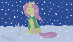 Size: 4400x2550 | Tagged: safe, artist:megaanimationfan, imported from derpibooru, angel bunny, fluttershy, bottomless, clothes, digital art, eyes closed, folded wings, green sweater, it's a pony kind of christmas, looking up, night, outdoors, partial nudity, pink hair, pink mane, pink tail, profile, relaxed, signature, sitting, smiling, snow, snowfall, sweater, sweatershy, yellow coat