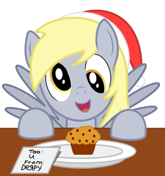 Size: 1233x1311 | Tagged: safe, artist:comfydove, imported from derpibooru, derpy hooves, pegasus, pony, christmas, cute, derpabetes, female, food, for you, happy, hat, looking at you, mare, merry christmas, muffin, open mouth, plate, present, santa hat, solo, spread wings, table, wings