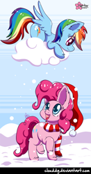 Size: 470x900 | Tagged: safe, artist:clouddg, imported from derpibooru, pinkie pie, rainbow dash, earth pony, pegasus, pony, clothes, cloud, duo, hat, on a cloud, santa hat, scarf, snow, snowfall