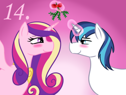 Size: 800x600 | Tagged: safe, artist:mod-named-carot, imported from derpibooru, princess cadance, shining armor, blushing, gradient background, looking at each other, mistletoe