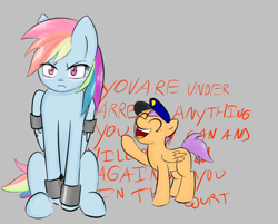 Size: 962x775 | Tagged: safe, artist:owlnon, imported from derpibooru, rainbow dash, scootaloo, arrested, blushing, bondage, bondage cuffs, bondage gear, bound wings, cuffs, miranda rights, prisoner rd