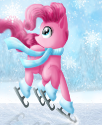 Size: 900x1100 | Tagged: safe, artist:chanceyb, imported from derpibooru, pinkie pie, pony, clothes, female, ice skates, ice skating, scarf, solo, winter