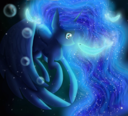 Size: 1100x1000 | Tagged: safe, artist:chanceyb, imported from derpibooru, princess luna, alicorn, fish, pony, female, glow, glowing, solo, underwater