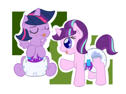 Size: 986x739 | Tagged: safe, artist:vitriolink, deleted from derpibooru, imported from derpibooru, starlight glimmer, twilight sparkle, alicorn, pony, age regression, cute, diaper, female, glimmerbetes, mare, poofy diaper, twiabetes, twilight sparkle (alicorn), younger